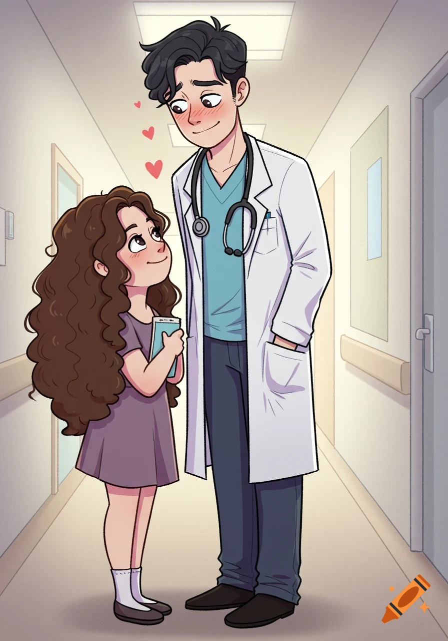 A cartoon illustration of a tall male doctor and a short young girl, blushing with hearts, standing in a hospital hallway.