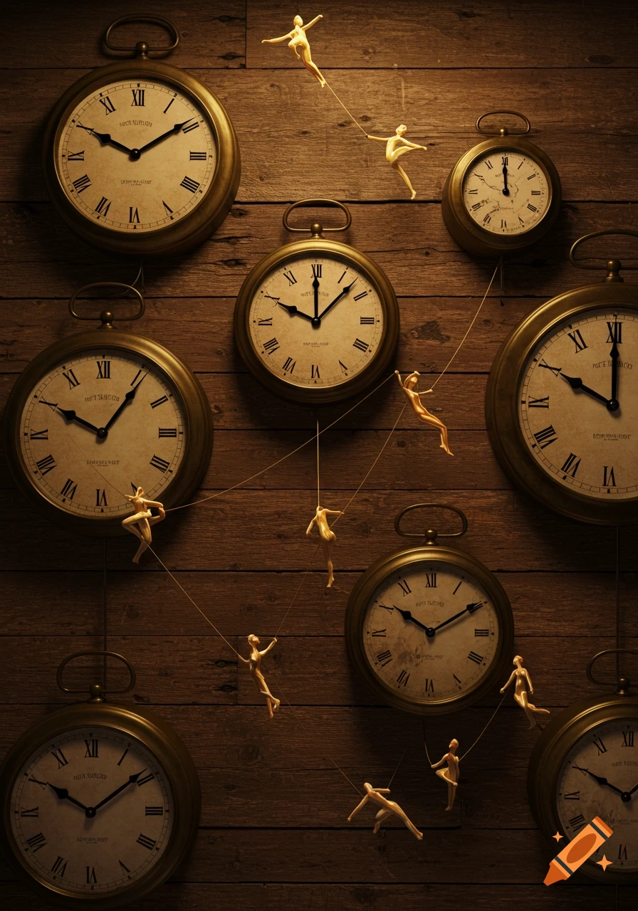 Numerous antique pocket watches on a dark wooden wall, connected by threads from which abstract gold figures dangle and climb, creating a net-like pattern.