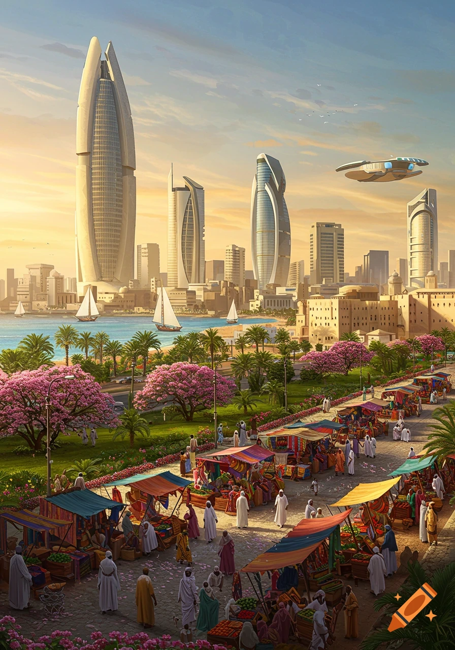 A vibrant futuristic city with tall, unique skyscrapers overlooking a waterfront with sailboats. A bustling market lines a pathway with people, pink flowering trees, and palm trees in the foreground.