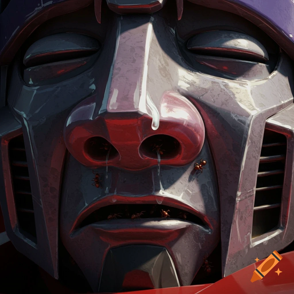 A cartoony Transformer robot's face in a close-up, with ants crawling in its bulging, snot-dripping nose and mouth.