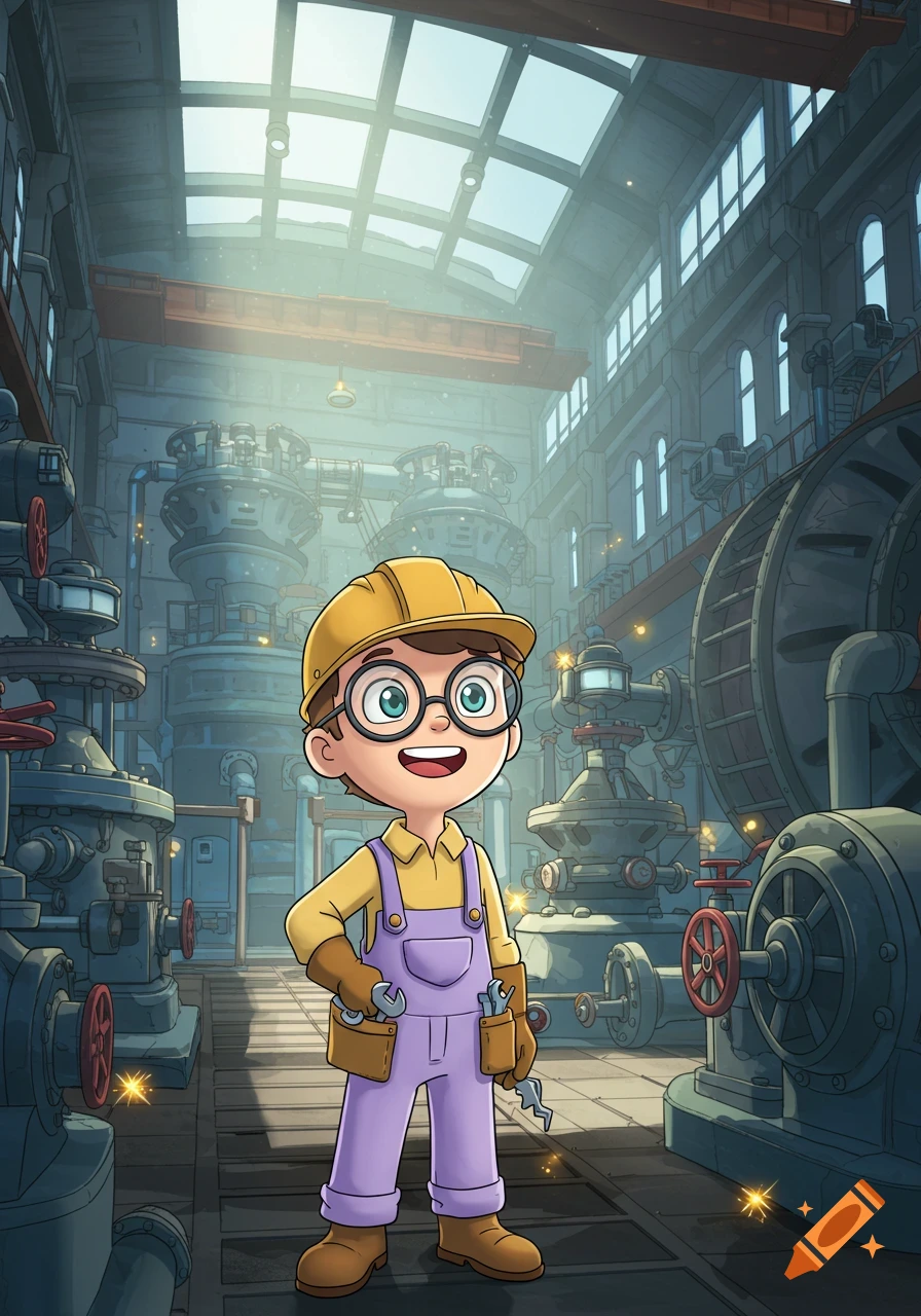 A smiling cartoon boy engineer in a hard hat and overalls, holding wrenches in a large factory with machinery.