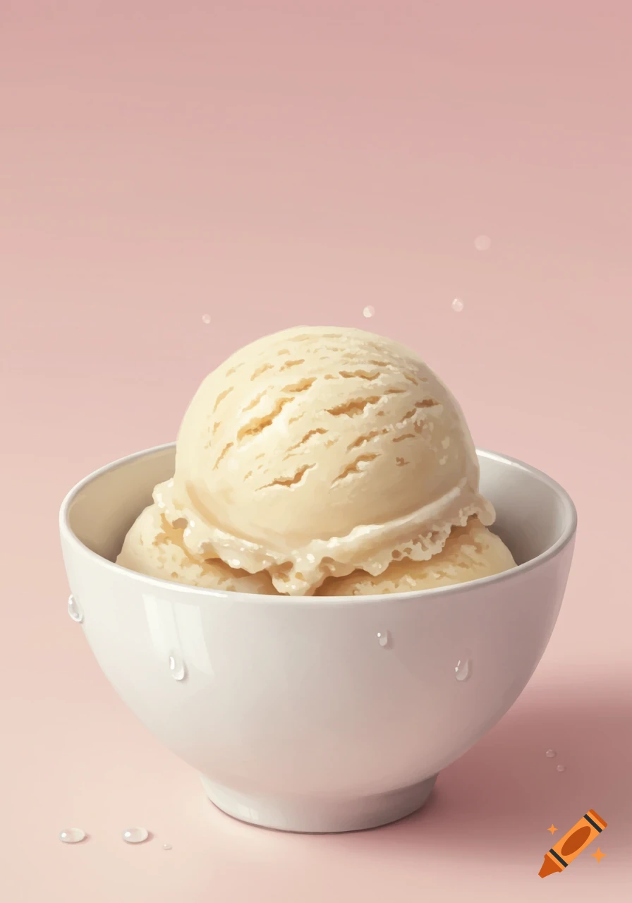 A white bowl filled with two scoops of vanilla ice cream, with condensation droplets on the bowl and surface, all against a pastel pink background.