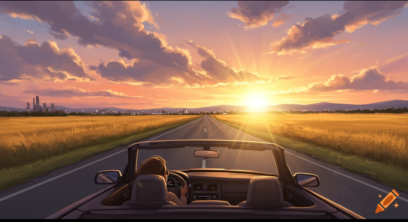Illustrated view from behind a person driving a convertible on a highway through fields at sunset, with a city skyline in the distance.