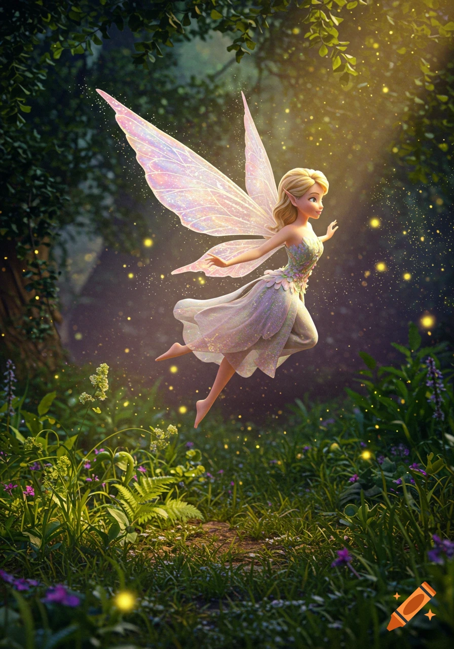 A blonde fairy with iridescent wings and a light dress floats gracefully in a sunlit, magical forest filled with glowing fireflies.