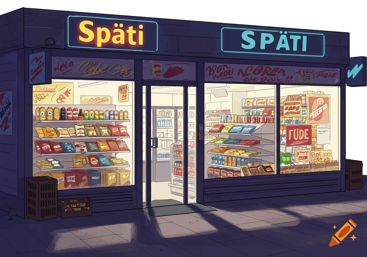 An evening cartoon illustration of a Späti, a German convenience store, with glowing 'Späti' signs and shelves stocked with snacks and drinks.