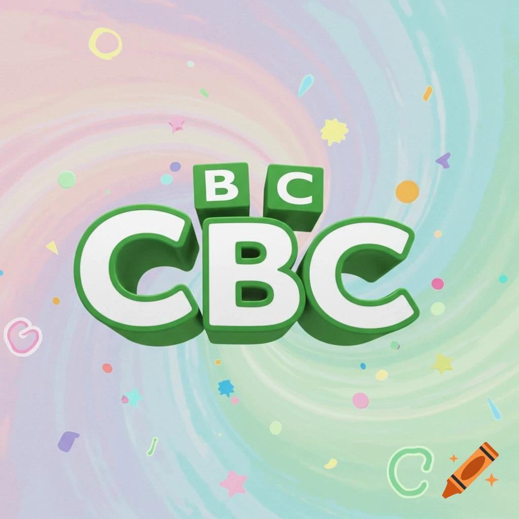 A vibrant 3D green and white CBBC logo centered on a pastel rainbow swirl background with colorful confetti-like shapes.