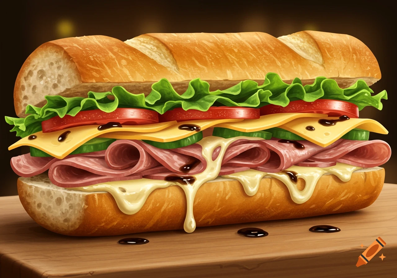 A detailed, appetizing sandwich with ham, cheese, lettuce, tomato, cucumber, and sauce on a baguette.