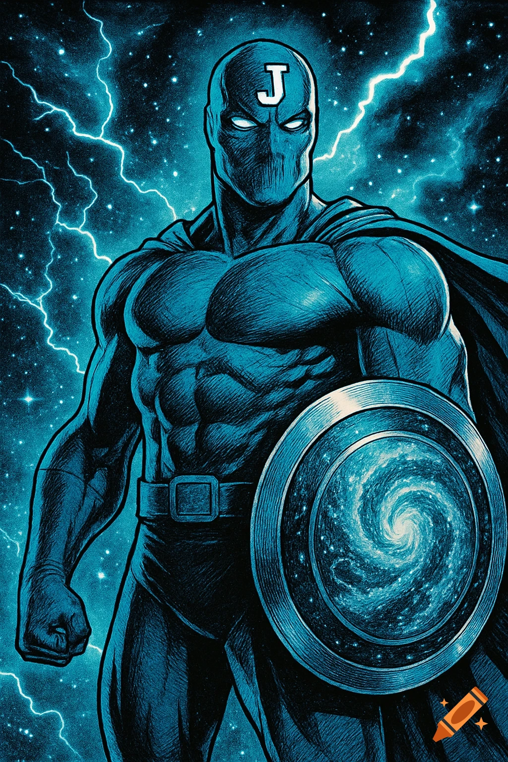 Muscular superhero in blue with 'J' on mask, holding a galaxy shield against a stormy blue sky with lightning, comics style.