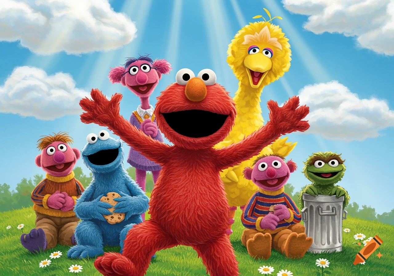 Elmo, Cookie Monster, Big Bird, and other Sesame Street characters smile happily in a sunny green field, illustration.
