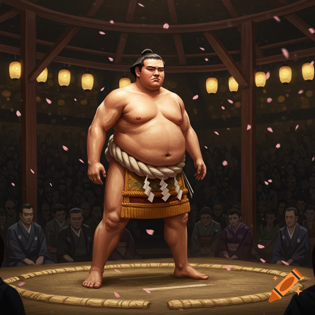 A powerful sumo wrestler stands in a traditional ring under hanging lanterns, surrounded by spectators.