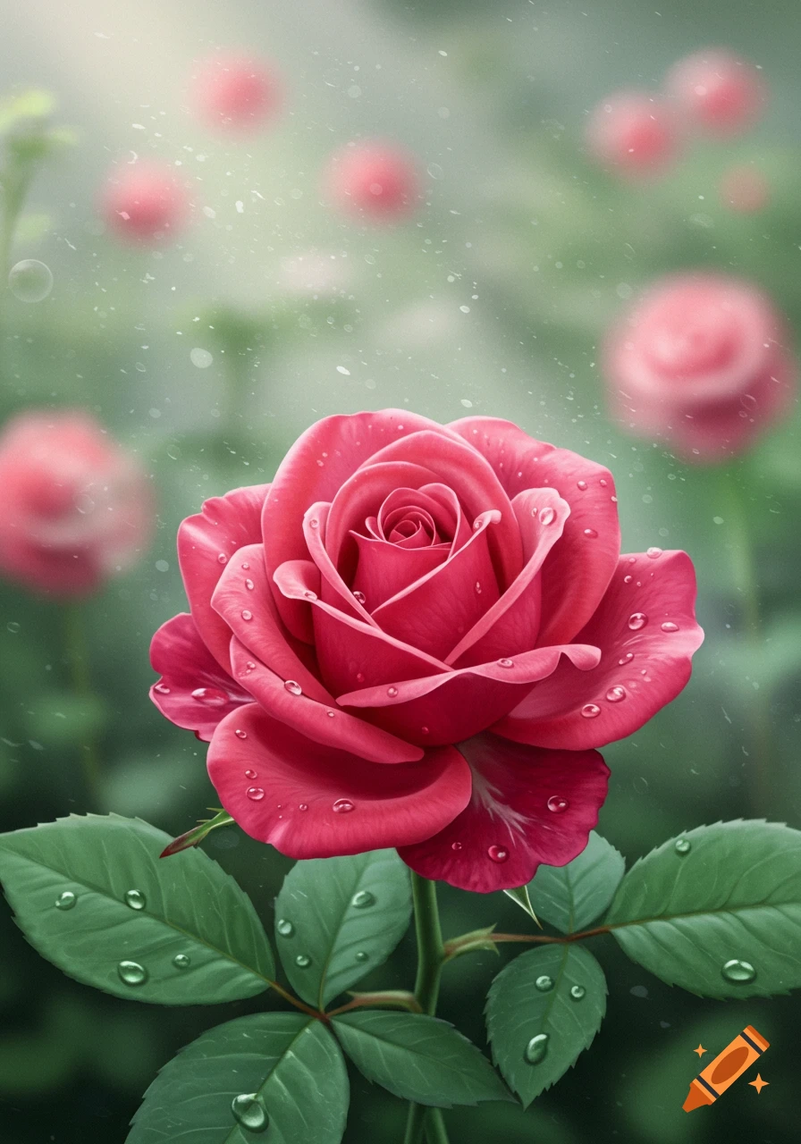 Close-up of a vibrant pink rose with water droplets on its petals and green leaves, against a soft bokeh background.