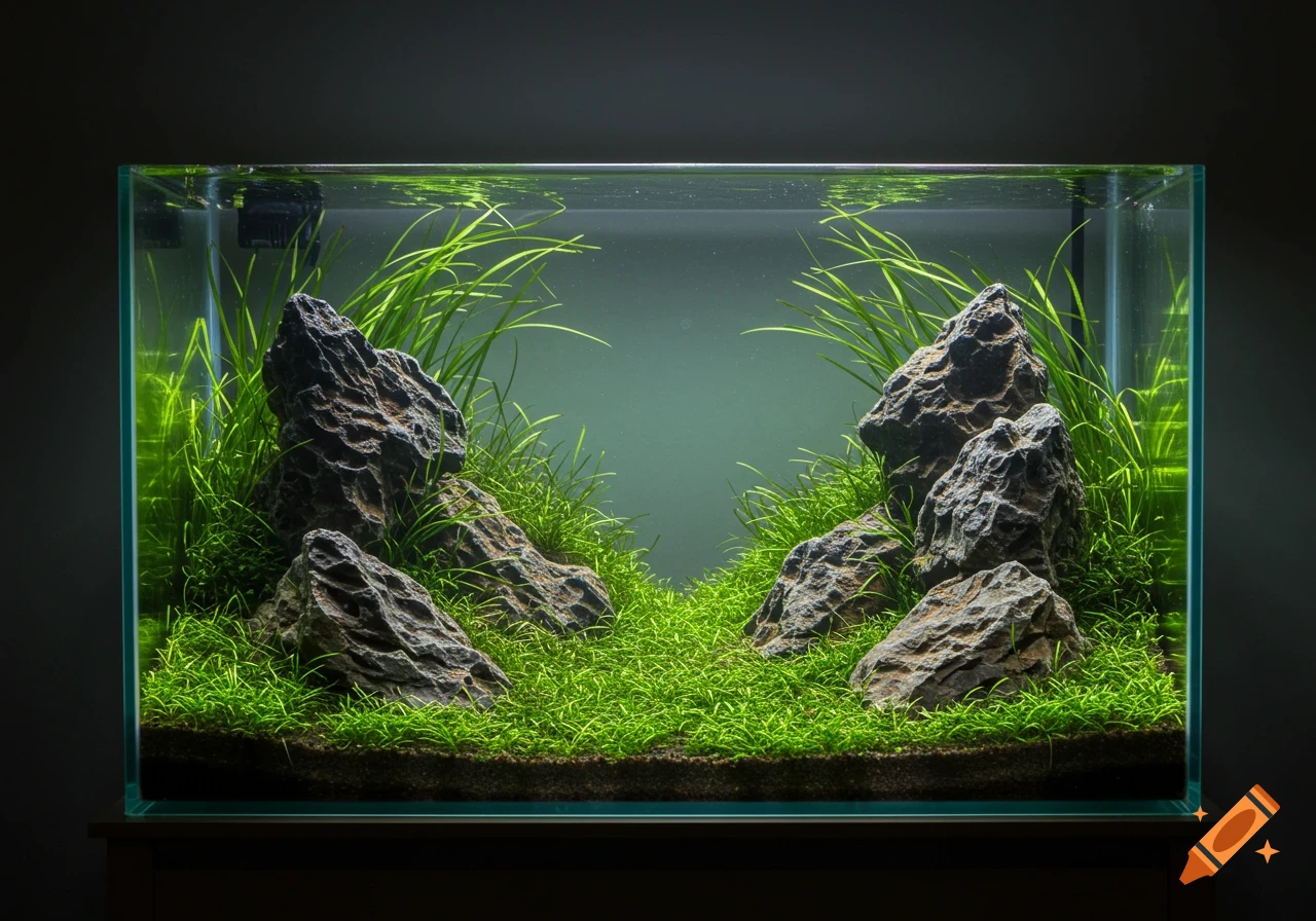 A meticulously aquascaped freshwater aquarium featuring lush green foreground plants, tall background plants, and dark rocks forming a V-shape.