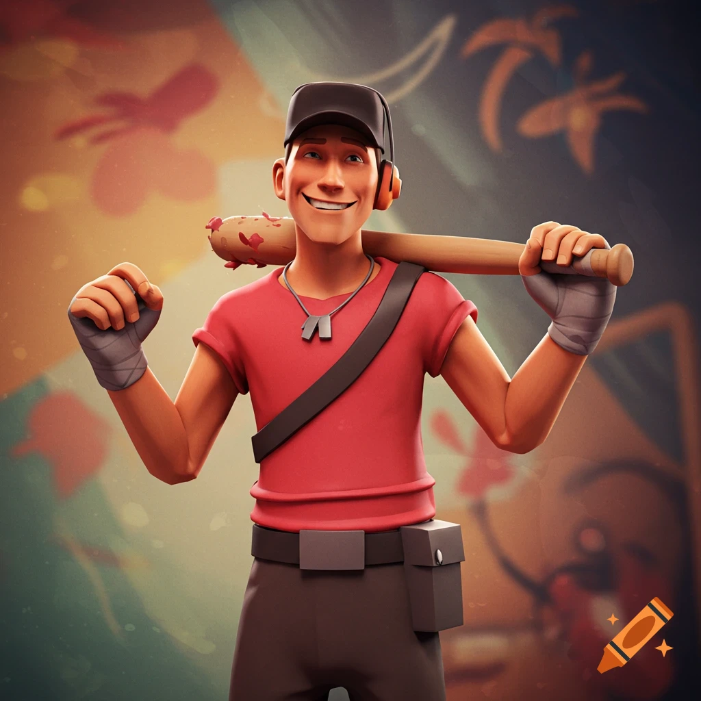 Stylized image of the TF2 Scout smiling, wearing a red shirt and cap, holding a baseball bat over his shoulder.