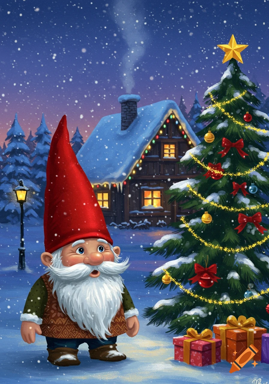A cute whimsical gnome with a red hat and white beard stands in front of a decorated Christmas tree and a snowy cabin at night.
