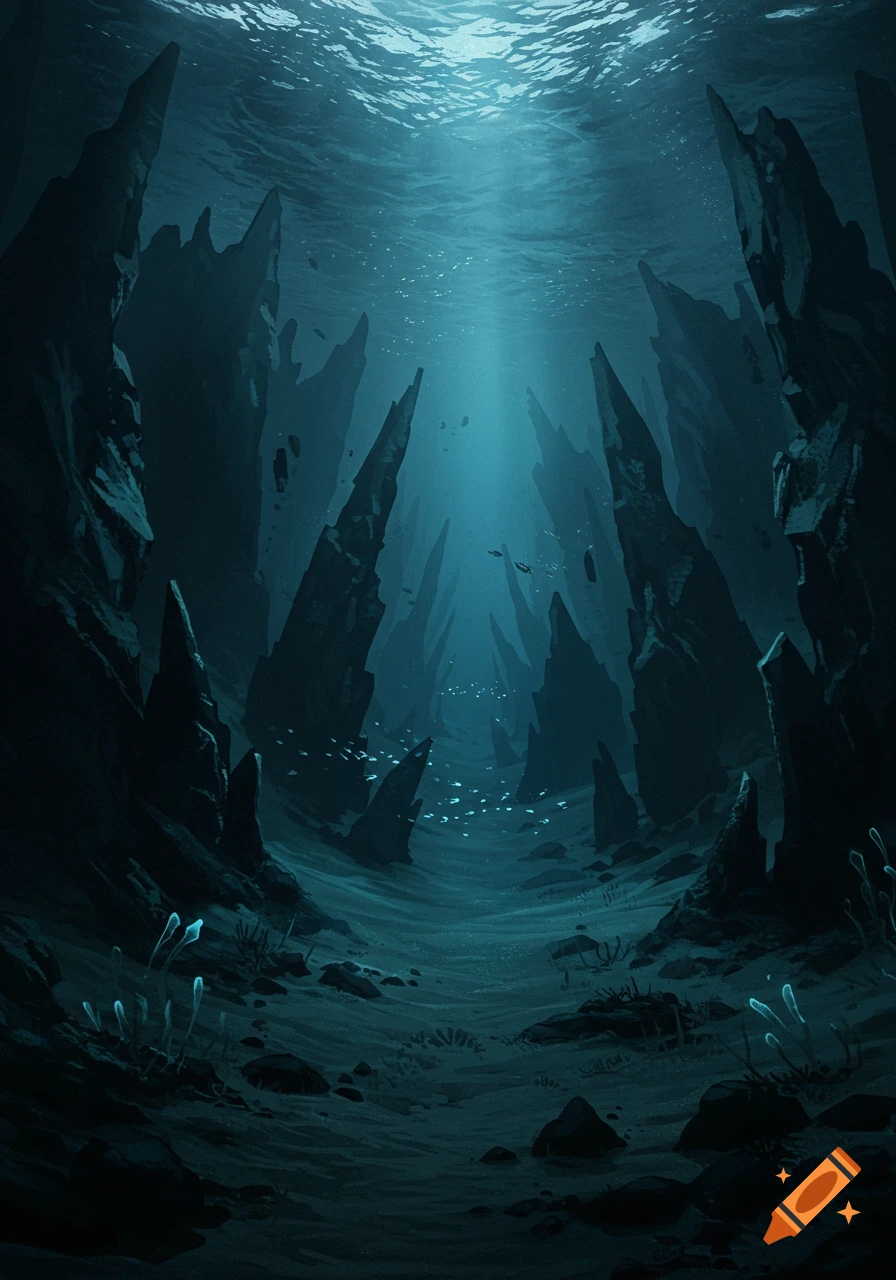 Deep underwater canyon with towering sharp rock formations, light rays from the surface, small glowing fish, and bioluminescent plants.