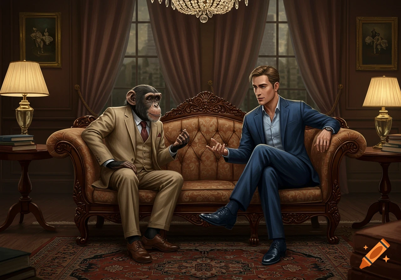 A chimpanzee in a beige suit and a man in a blue suit sit on an ornate sofa in a Victorian-style living room, engaged in conversation.