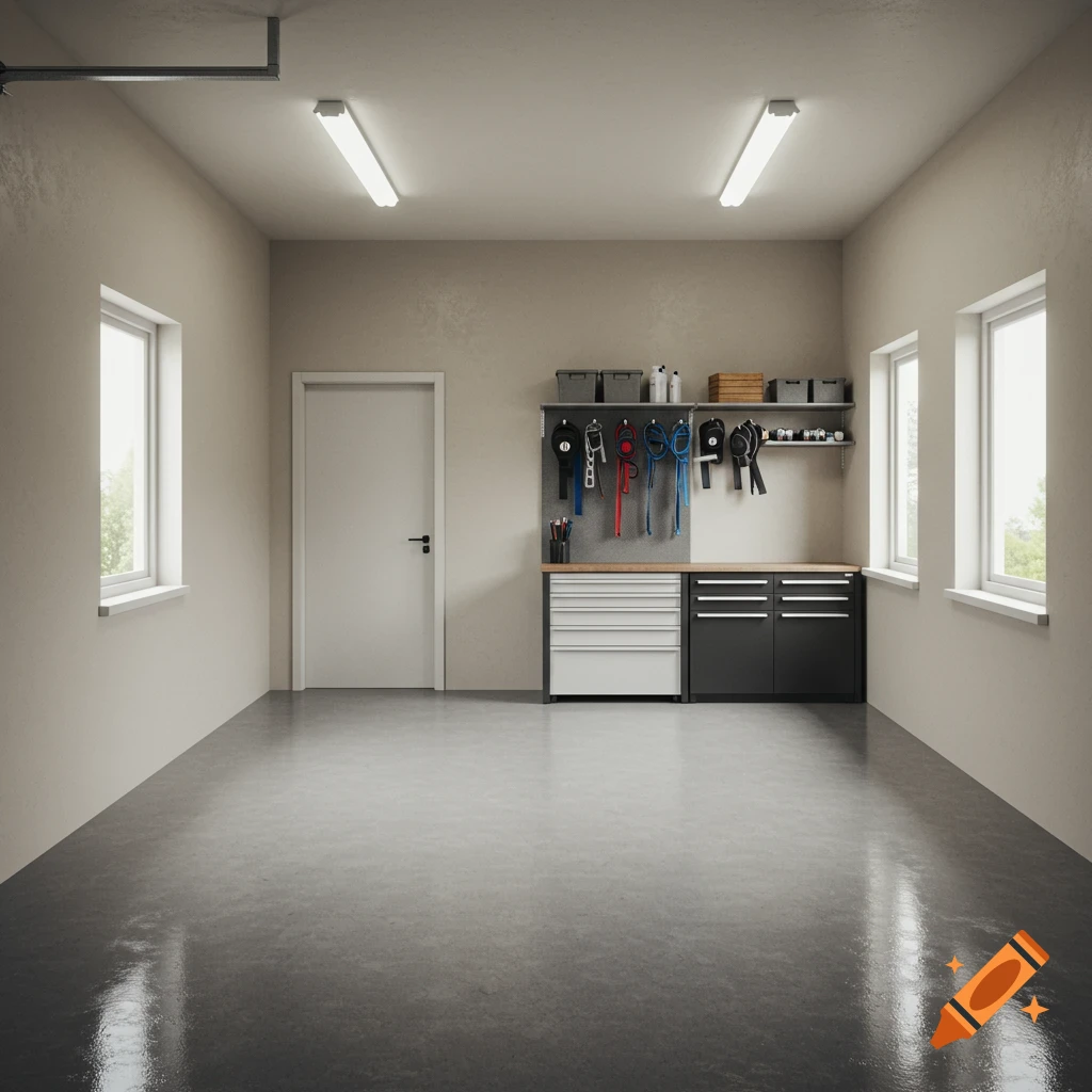 An empty, well-lit garage interior with a shiny grey floor, white walls, storage cabinets, and two windows.