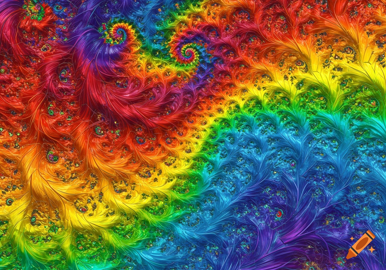 A vibrant, intricate rainbow-colored fractal pattern with swirling, feather-like textures and tiny, eye-like details.