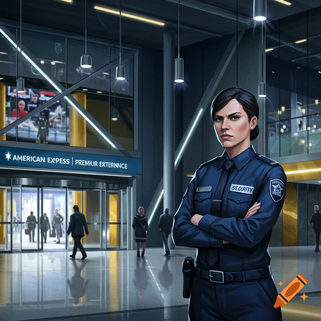 A stern female security supervisor stands with crossed arms in front of the "American Express" entrance of a modern venue, with people entering in the background.