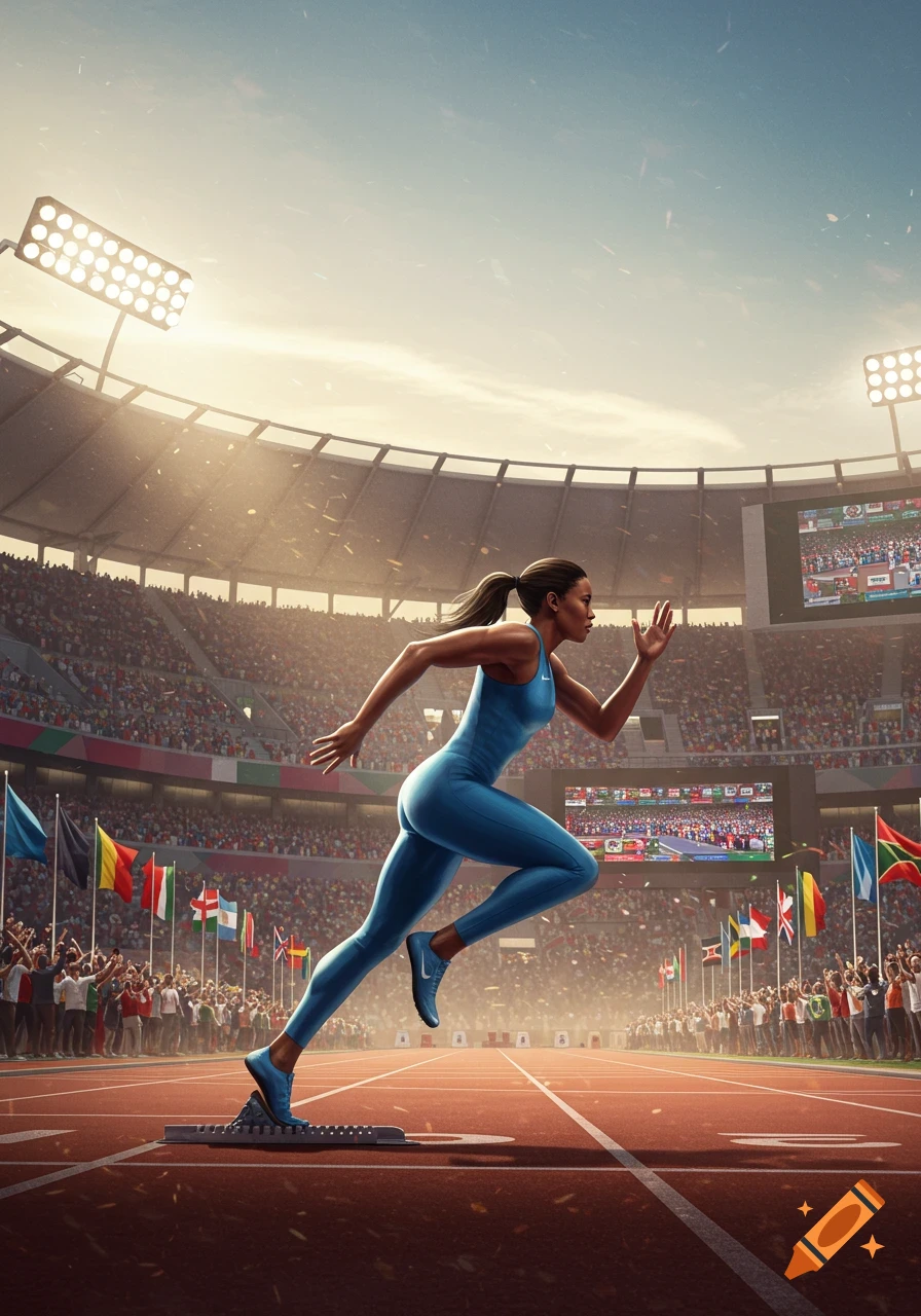 A female runner in a blue uniform sprints from starting blocks on a track in a crowded stadium.
