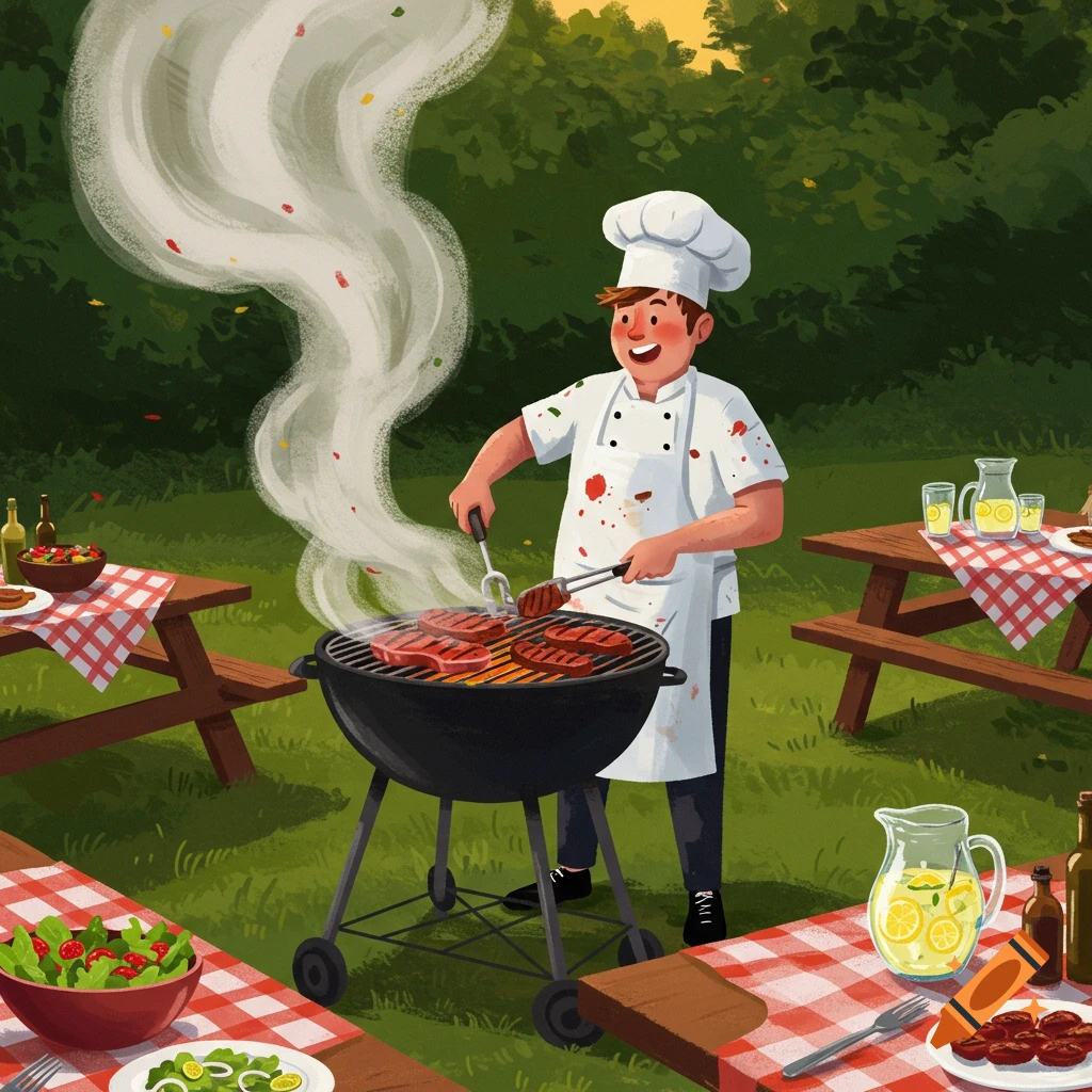 A cartoon chef happily grills steaks on a BBQ at an outdoor picnic with picnic tables, salads, and lemonade.