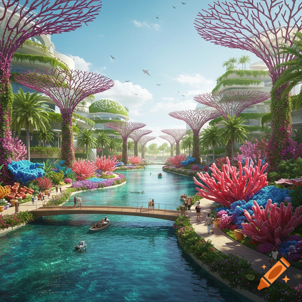 Vibrant futuristic city with turquoise canals, modern green architecture, and towering magenta "supertrees" alongside colorful coral-like gardens.