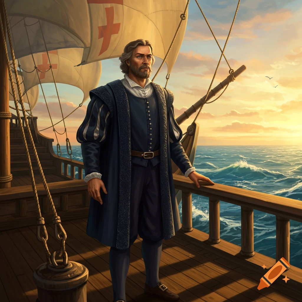 A man in historical attire stands on a wooden ship's deck, gazing at a sunset over a wavy ocean with sails behind him.