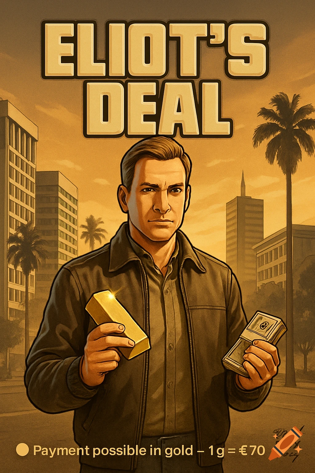 A man in a GTA V stylized poster holds a gold bar and money, with "ELIOT'S DEAL" at the top and text about gold payment at the bottom, against an urban background.