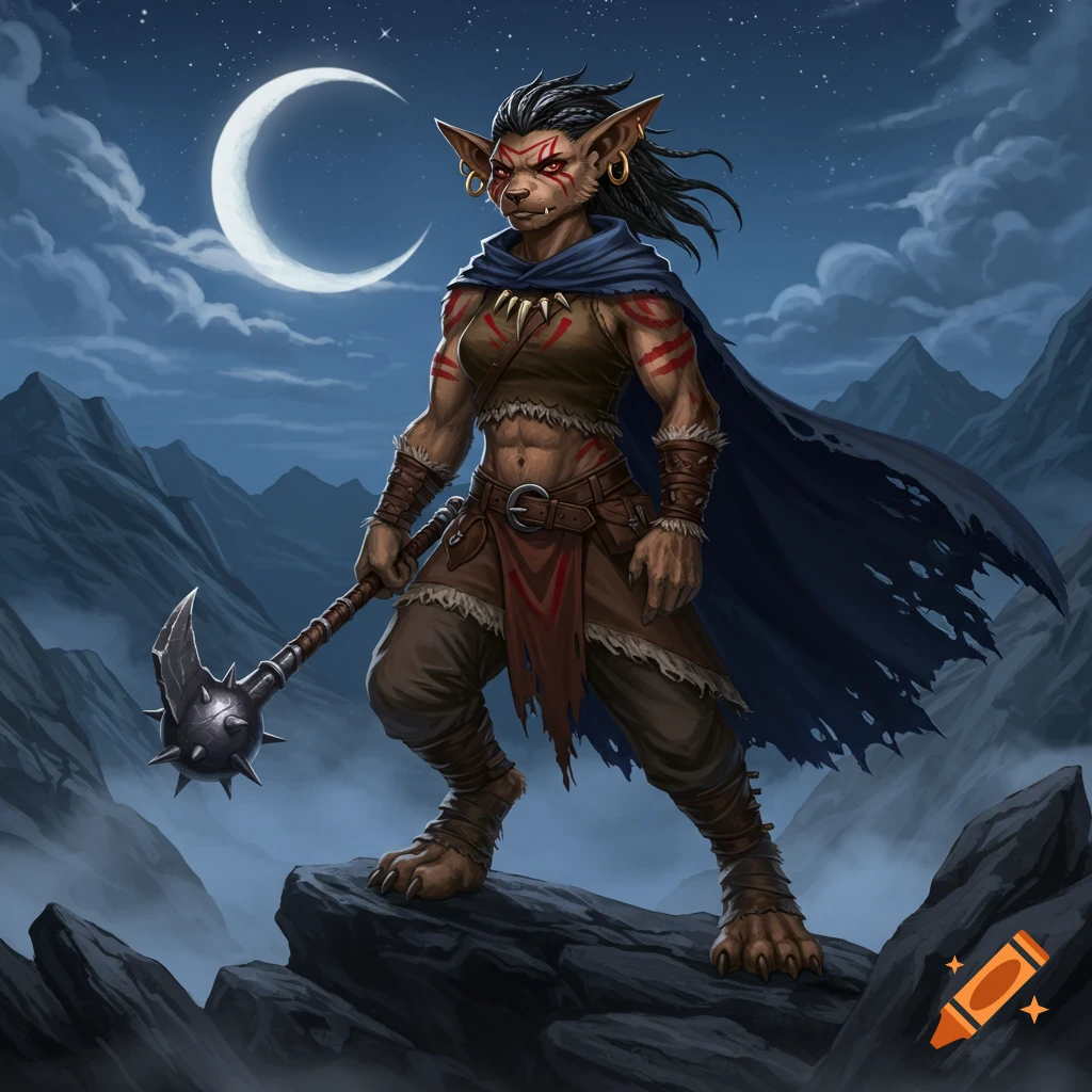 A muscular female gnoll warrior in tribal attire and a tattered cape stands on a rocky peak at night under a crescent moon, holding a spiked mace.