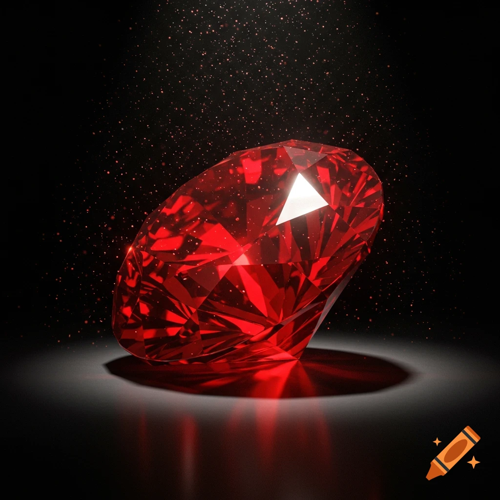 A sparkling red faceted gemstone reflects light on a dark, reflective surface with illuminated dust particles.