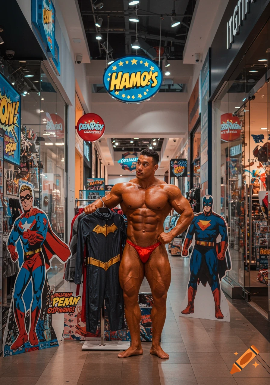 Muscular bodybuilder in red posing trunks in a mall, holding a Batman costume, with superhero cutouts and store signs.