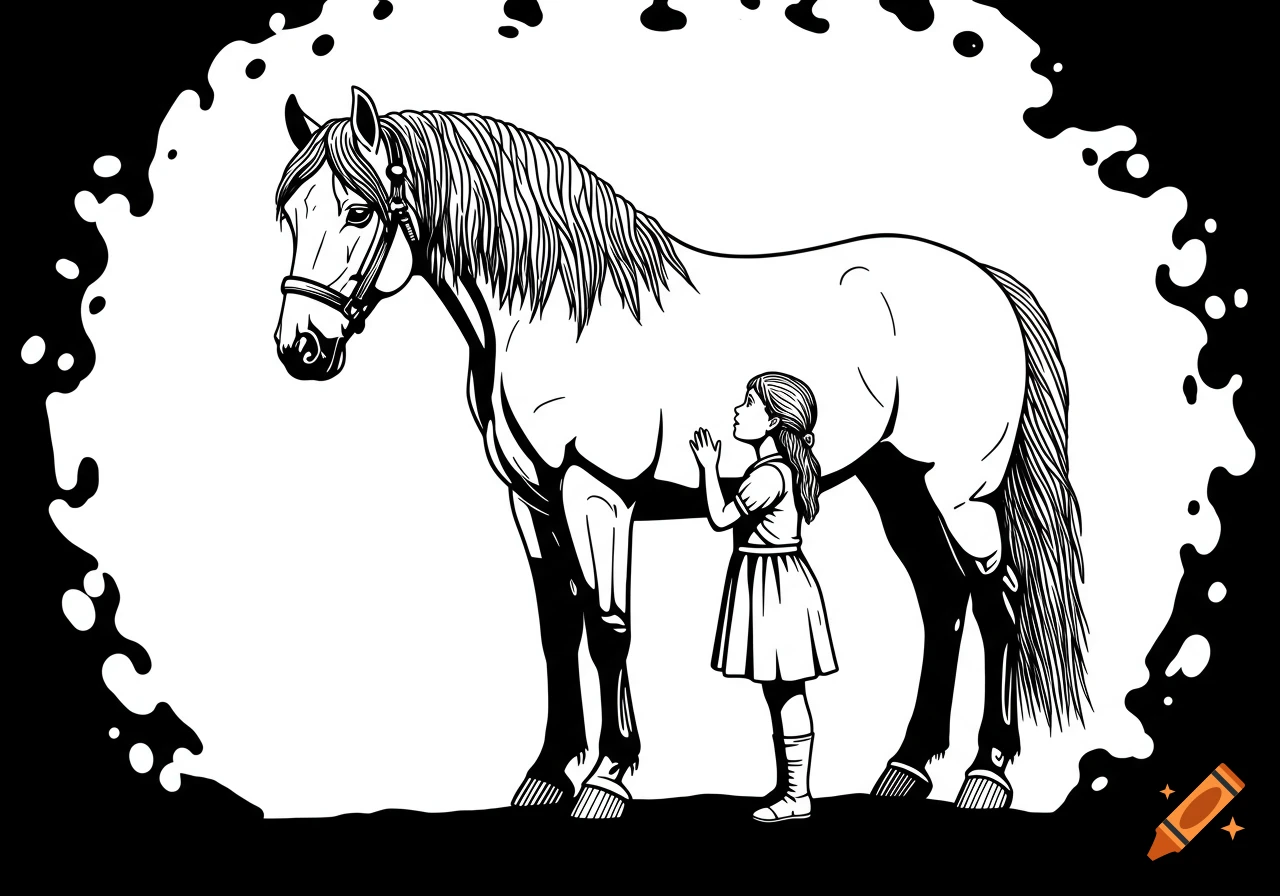 A majestic horse stands beside a little girl in a black and white engraving style.