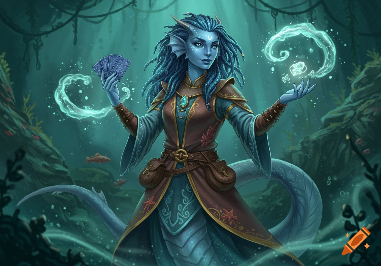 A blue-skinned Triton woman with dreadlocks and scales holds fortune-telling cards and casts a water spell in an underwater fantasy scene.