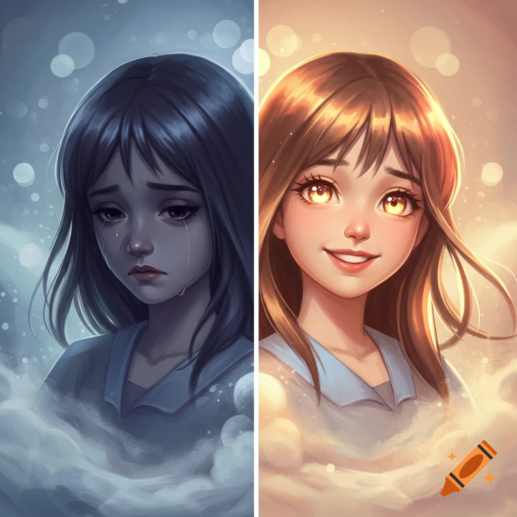 A split image showing an anime girl. The left half depicts her crying and sad, while the right half shows her smiling and happy.