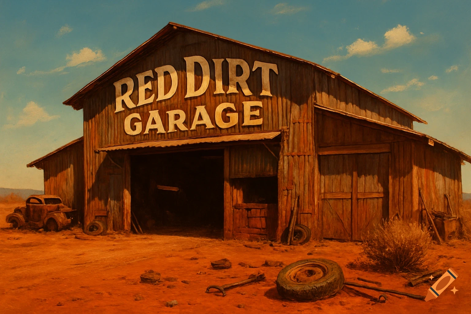 A rustic wooden barn with 'RED DIRT GARAGE' painted on it, standing on red dirt under a blue sky, with a rusty car and tires.
