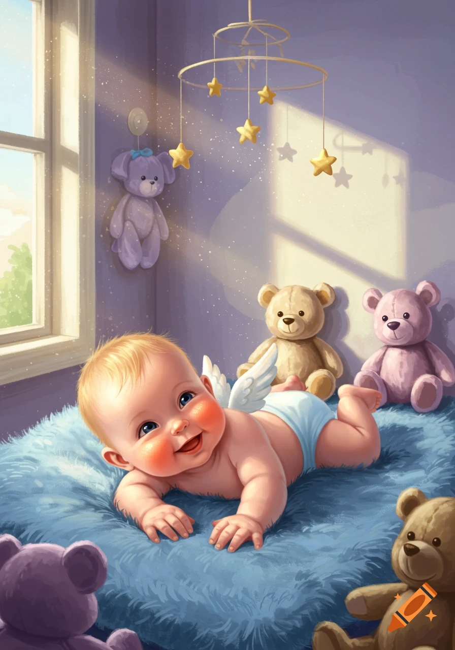 A happy baby with tiny wings lies on a blue fluffy blanket, smiling, surrounded by teddy bears in a sunlit nursery. Illustrated.
