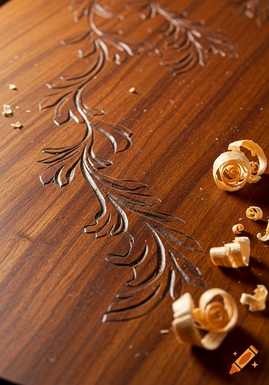 Close-up of a dark wooden surface with an intricate carved leaf pattern, surrounded by light wood shavings.