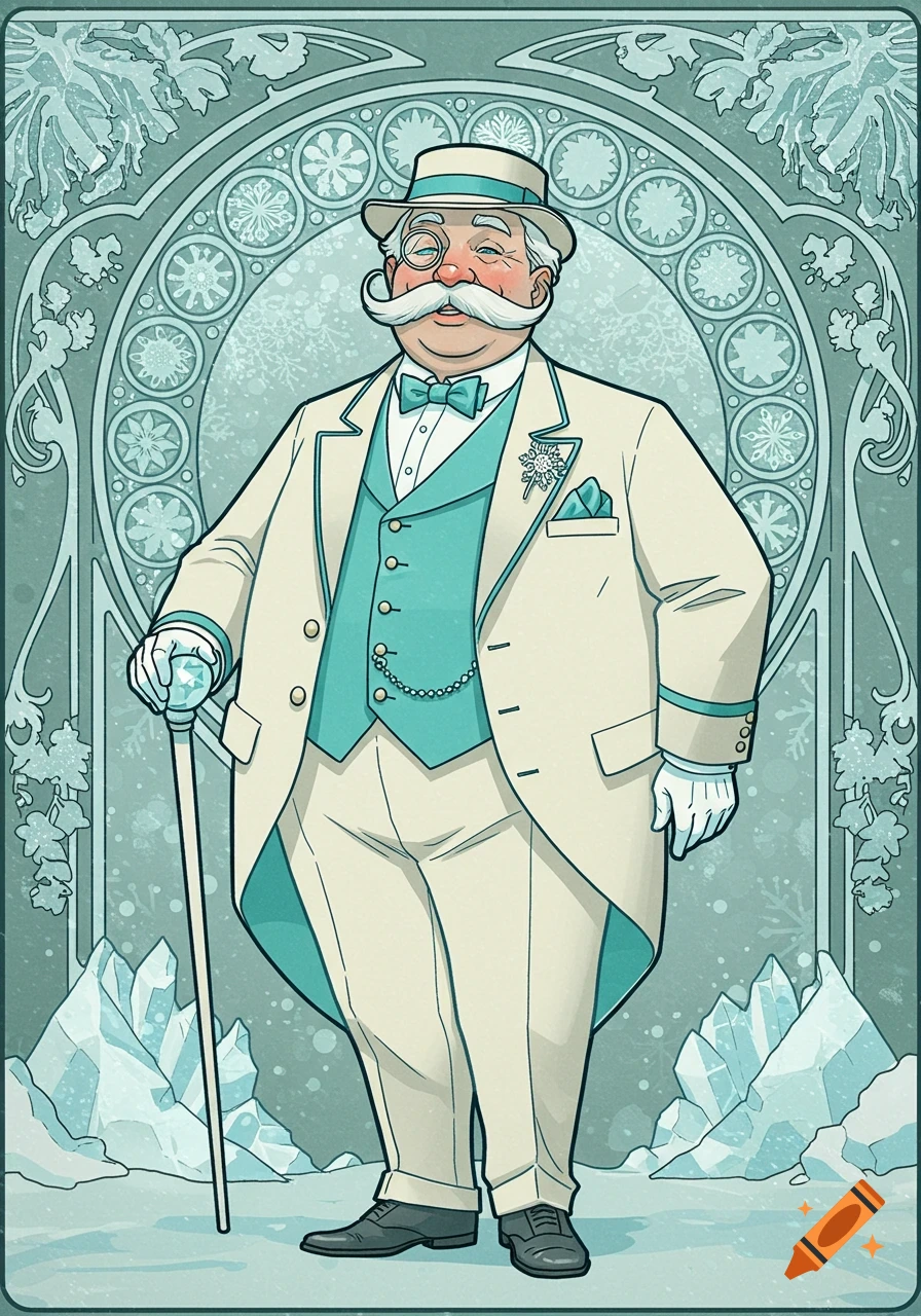 Art Nouveau illustration of a jovial, stout man with a white mustache, monocle, off-white suit, and turquoise vest, holding a cane, with an icy ornamental background.