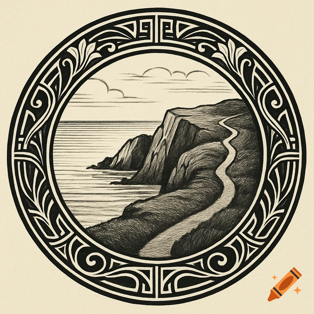 Monochromatic art nouveau illustration of a winding hiking trail on coastal cliffs overlooking the sea, framed by an ornate round border.