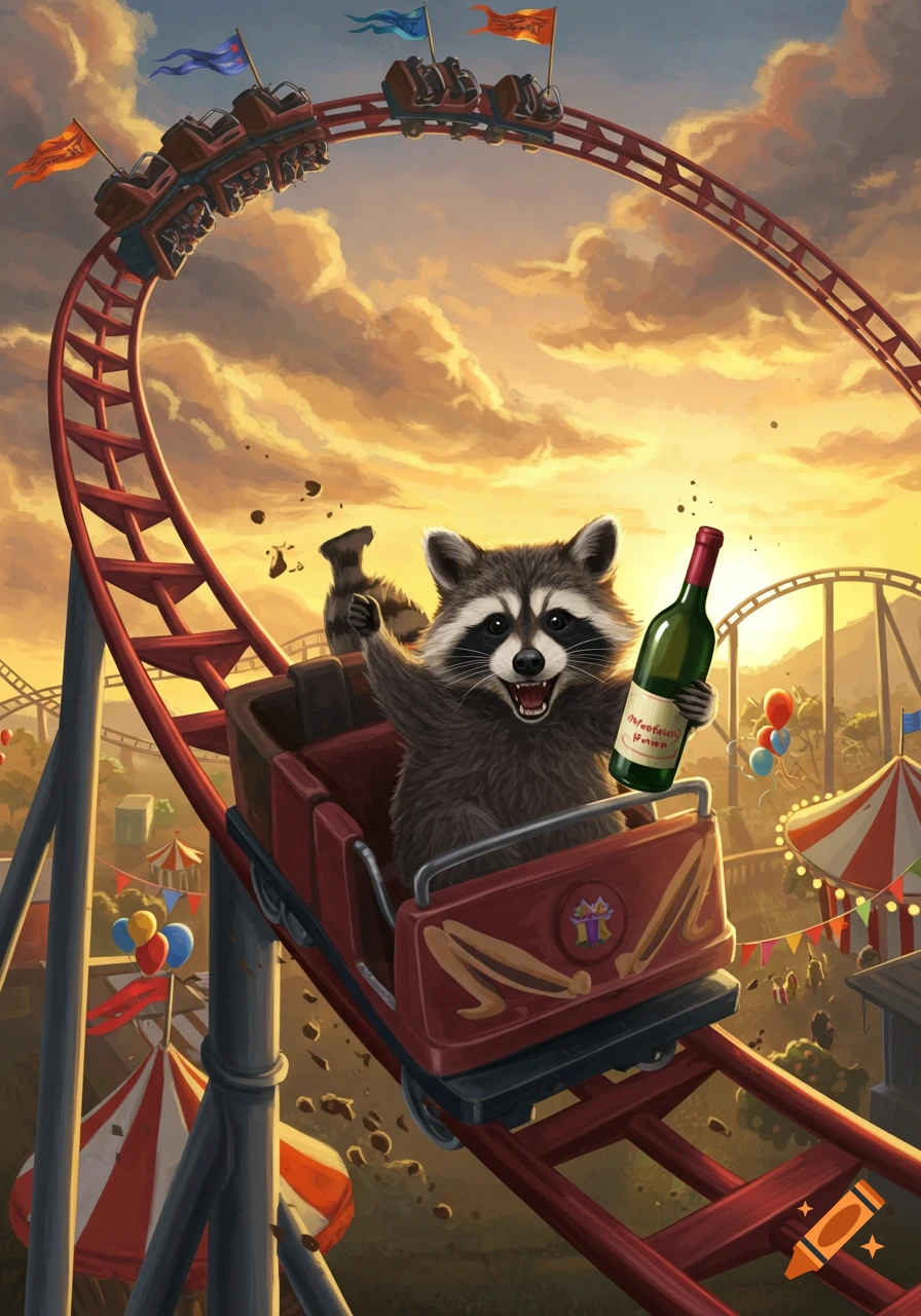 An excited raccoon holds a wine bottle while riding a roller coaster at an amusement park during sunset in an illustrative style.