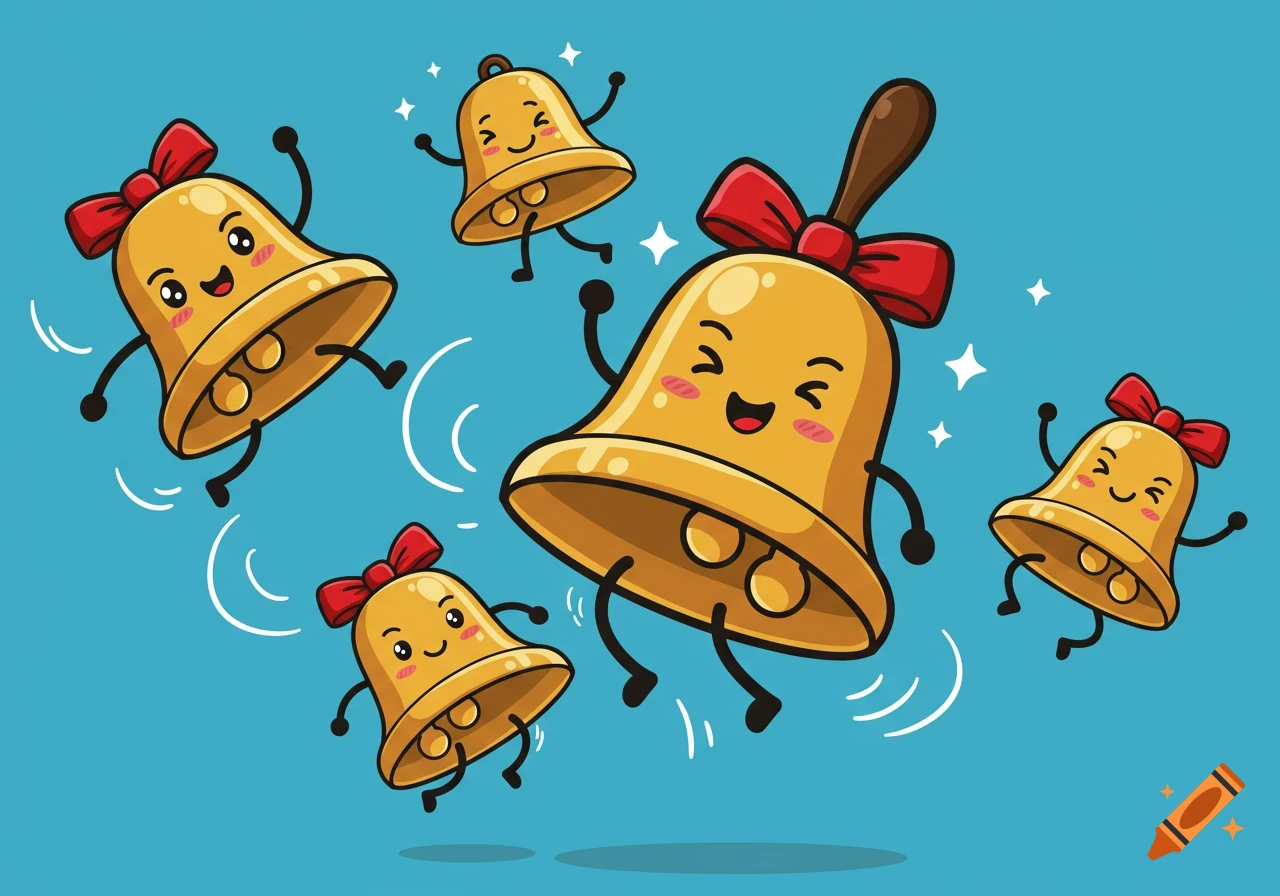 Five cute cartoon golden bells with faces, legs, and red bows jump and sparkle against a blue background.