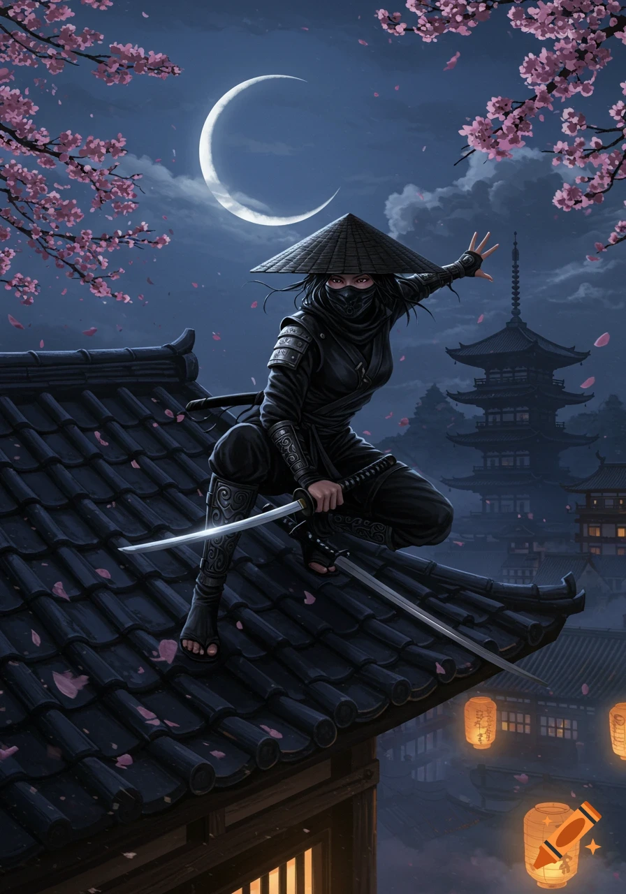 A ninja in a conical hat crouches on a tiled roof at night, holding two katanas. Cherry blossoms and traditional Japanese buildings with glowing lanterns are visible under a crescent moon.