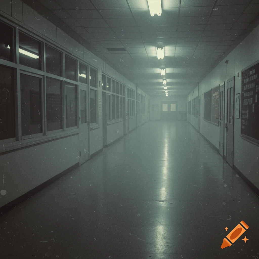 An eerie, dimly lit, empty school corridor with reflective floors and fluorescent lights, featuring a grainy, retro photographic aesthetic.