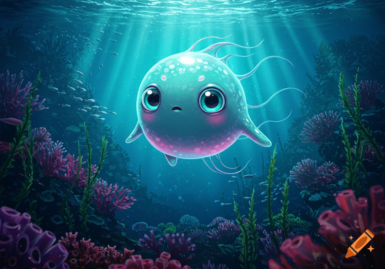 A cute, round, teal sea creature with large eyes floats in a vibrant underwater scene with coral and small fish, bathed in light rays from the surface.