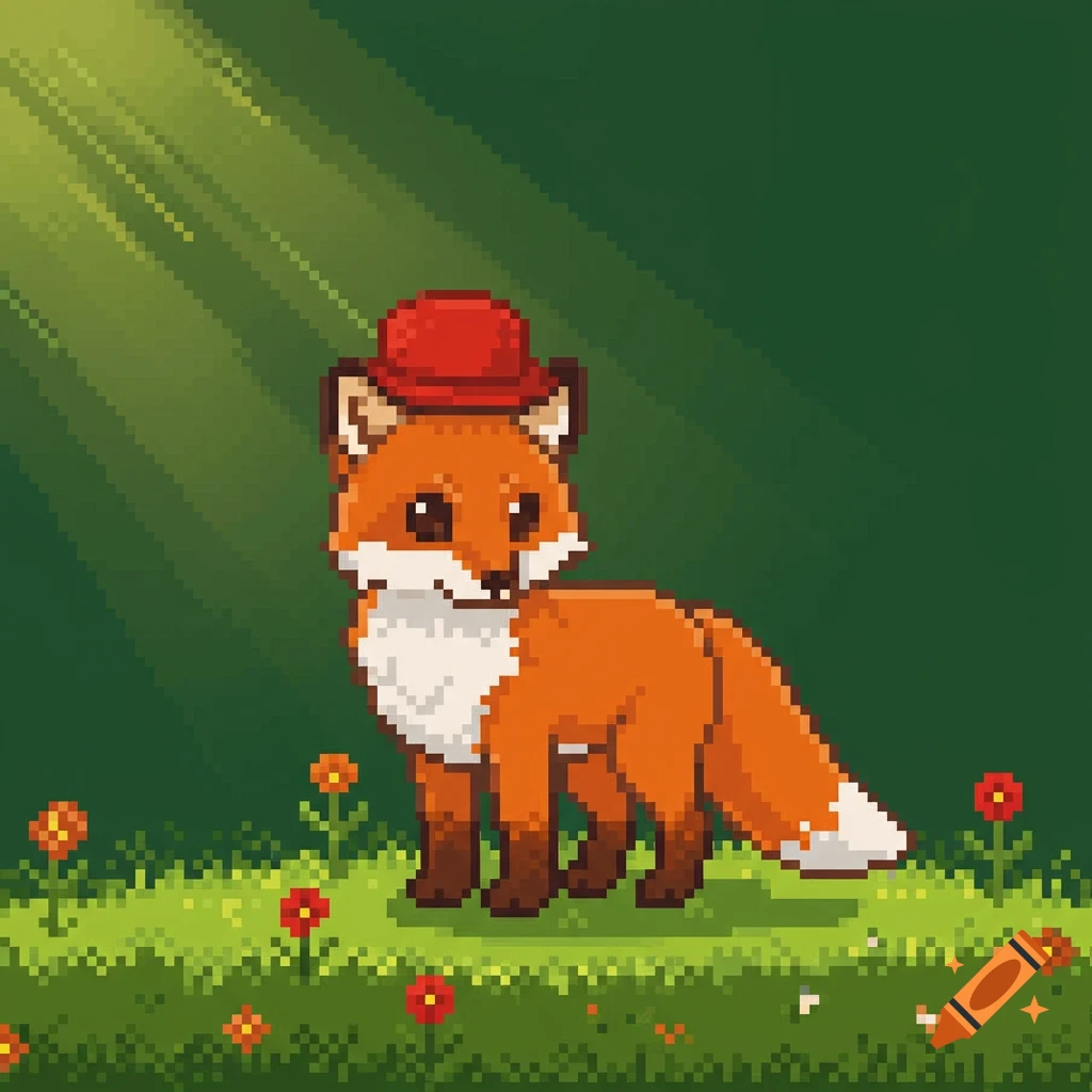 A cute pixel art fox with a red hat stands in a grassy field with small flowers, illuminated by sun rays.