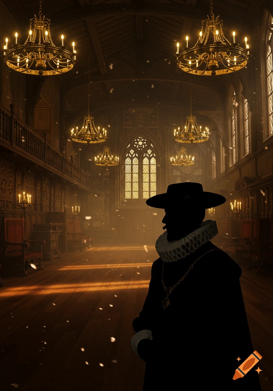 Silhouette of an Elizabethan man in a grand, candlelit hall with gothic windows, shafts of light, and floating motes.