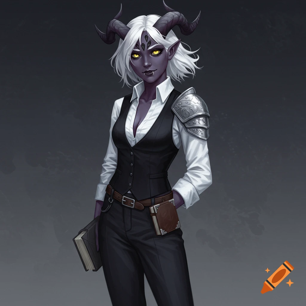 A tiefling woman with dark skin, white hair, yellow eyes, and horns, dressed in a white shirt, black waistcoat, and a single armored shoulder pad, holding a book.