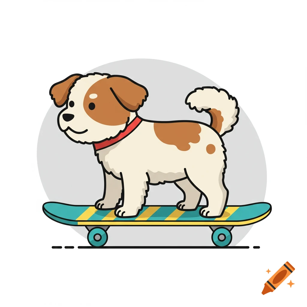 A cute cartoon dog with brown and white fur, wearing a red collar, riding a striped skateboard.