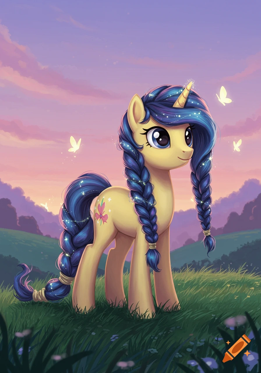 A yellow unicorn pony with braided blue hair and sparkling braids stands in a grassy field with butterflies and a pink and purple sunset sky. Cartoon style.