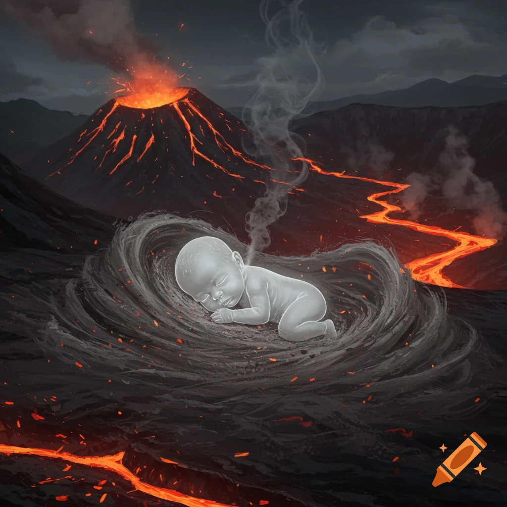 An ash-like baby sleeps in a nest amidst a dark, active volcanic landscape with flowing lava and an erupting volcano.